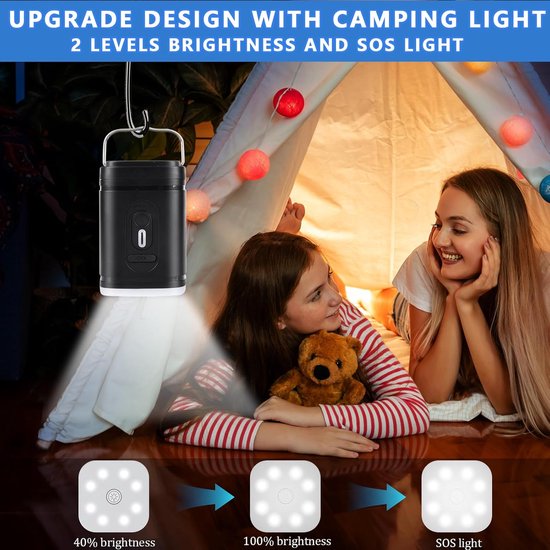 Gonfleur portable noir avec lampe de camping, 2 niveaux de luminosité et mode SOS, dans une tente avec des filles.