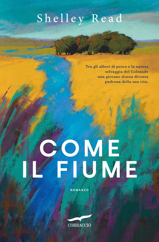 Boekcover met de titel 'Come il fiume' en een schilderachtige illustratie van een rivier door een kleurrijk landschap.