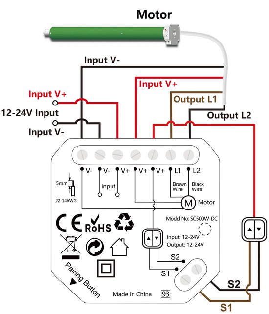 Schema van groene rolluikmotor verbonden met witte motorcontroller en schakelaars. Bedrading van de motor en de controller is zichtbaar.