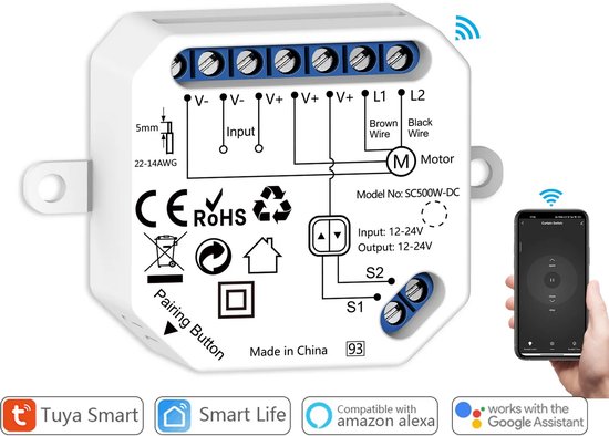 Witte wifi motorcontroller met aansluitingen voor bedrading en een pairing knop. Schema's voor bedrading en motor zijn zichtbaar.