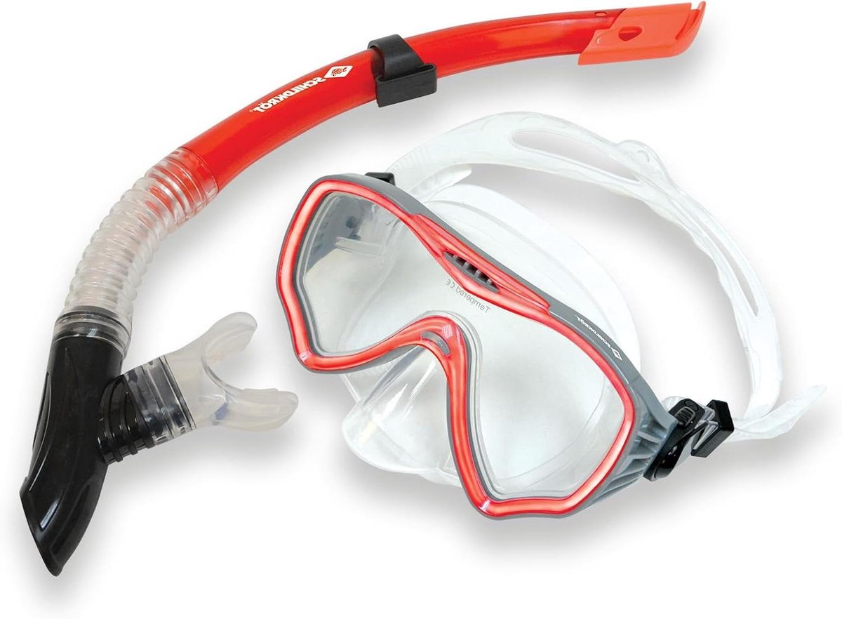 Duikset Fiji snorkelset met waterdicht duikmasker van veiligheidsglas snorkel met Easy Clip houder spatwaterbescherming en uitblaasventiel voor zwemmen en duiken.