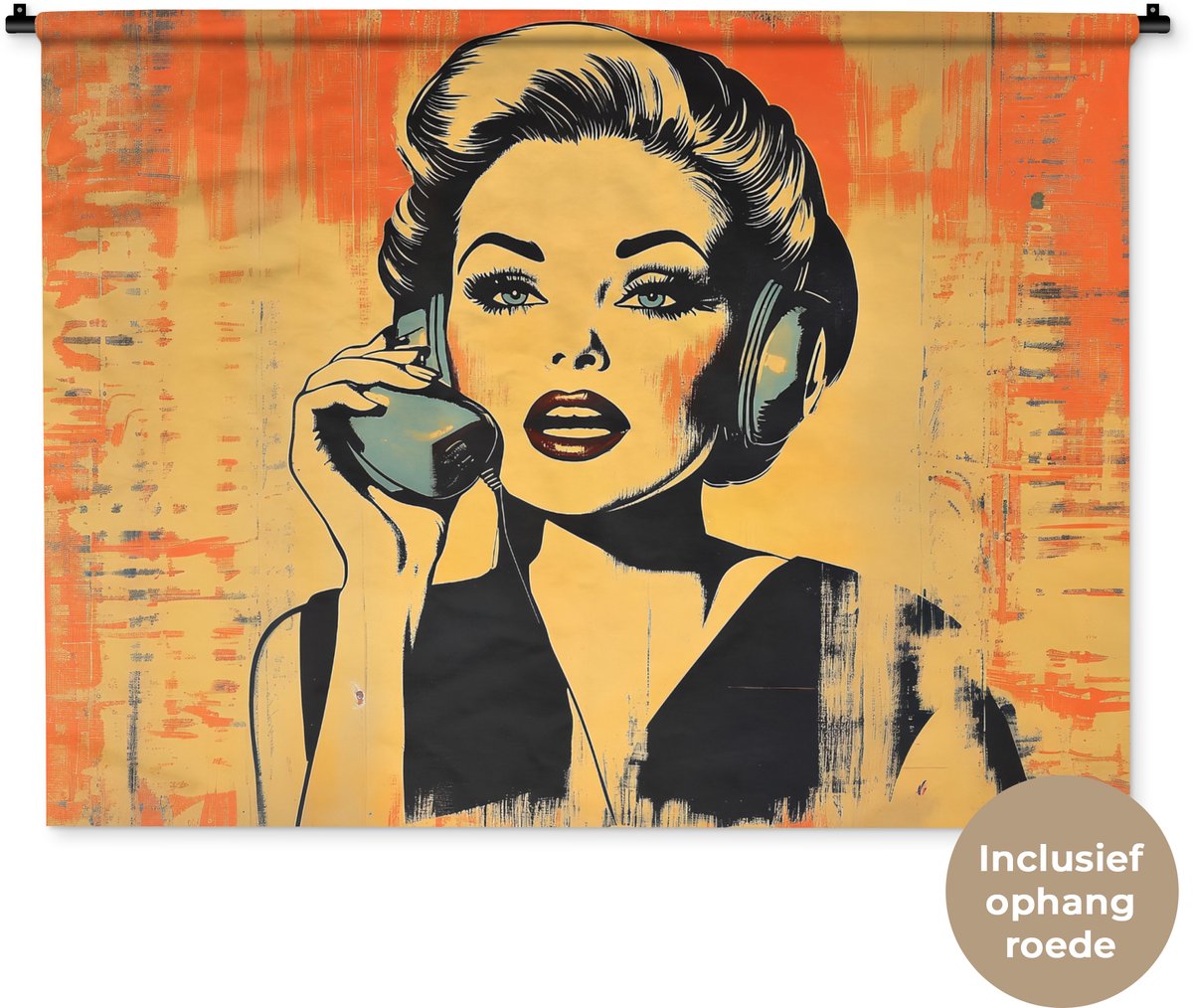 Wandkleed 120x90 cm - Wanddoek Retro - Vrouw - Koptelefoon - Oranje - Wandtapijt - Wandkleden