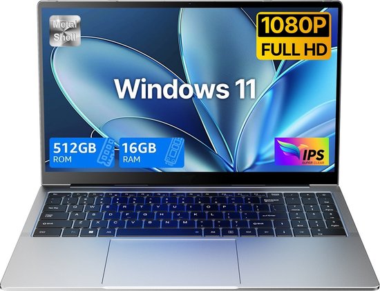 Acmine Laptop - 15.6" FHD IPS - 16 GB RAM - 512GB SSD - Twin Lake N150 - Windows 11 - Vingerafdrukontgrendeling - Met AZERTY-Toetsenbordsticker - Grijs - blossom - Hoofdafbeelding