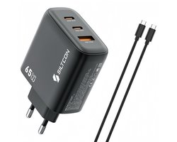 foto van Siltcon® 3-in-1 Snellader USB-C 65W - USB C Adapter - Oplader USB-C - 2x USB-C PD 65W - 1x USB-A PD 22.5W - GaN - Universeel o.a. Telefoons, Laptops - 2 Meter 65W USB-C Snellaadkabel