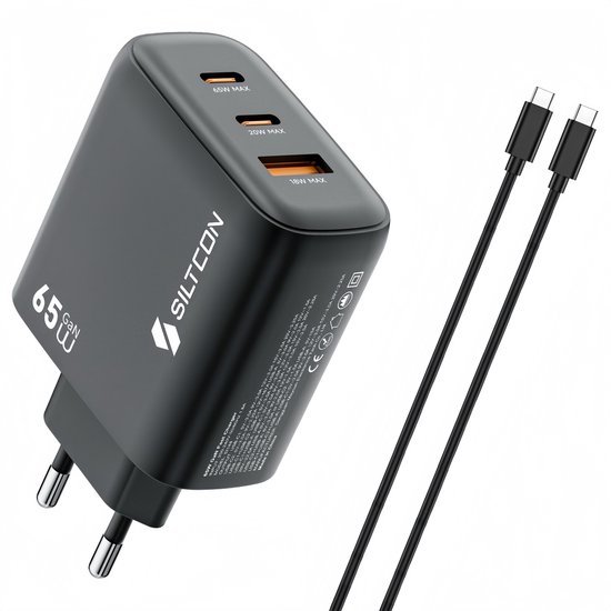 Siltcon® 3-in-1 Snellader USB-C 65W - USB C Adapter - Snellader Iphone Geschikt - Snellader Samsung Geschikt - Oplader USB-C - 2x USB-C PD 65W - 1x USB-A PD 22.5W - GaN - Universeel o.a. Telefoons, Laptops - 2 Meter 65W USB-C Snellaadkabel