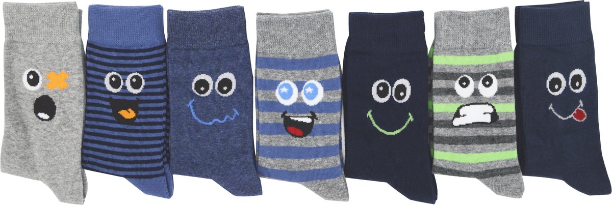 Kindersokken jongens - Inter Socks - multipack - maat 31-34 - assortiment kousen met gezichtjes-hoogwaardige katoen - 7-paar- junior