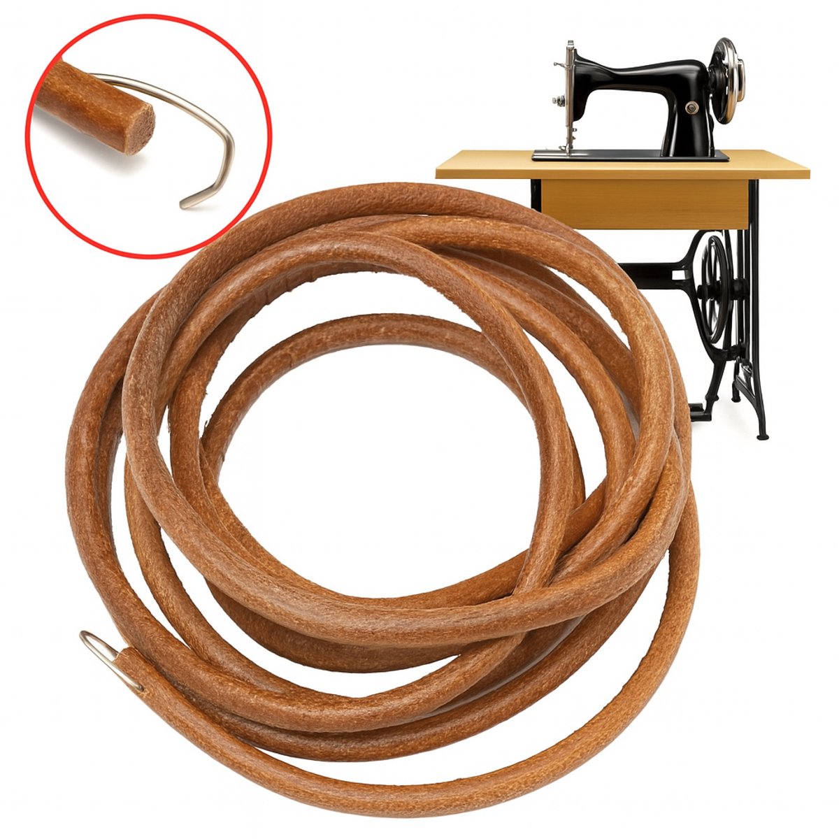 Universele Leren riem voor oude trap-naaimachines - Naaimachine band met haak - Geschikt voor Singer - 5mm Diameter - 183cm