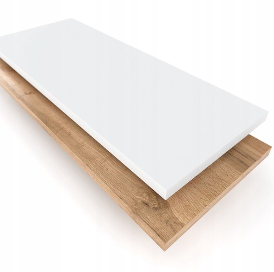 Een wit bureaublad boven een eikenhouten plank.