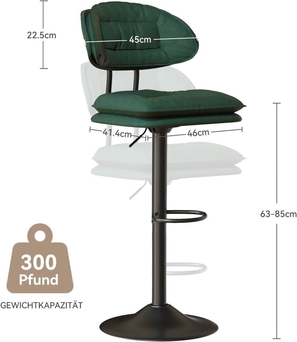 Barkruk set van 2, ergonomische gestoffeerde barkruk met rugleuning, verstelbare dubbellaagse barstoel, voor eetkamer, thuisbar, keukeneiland, 2 x krukken (legergroen)