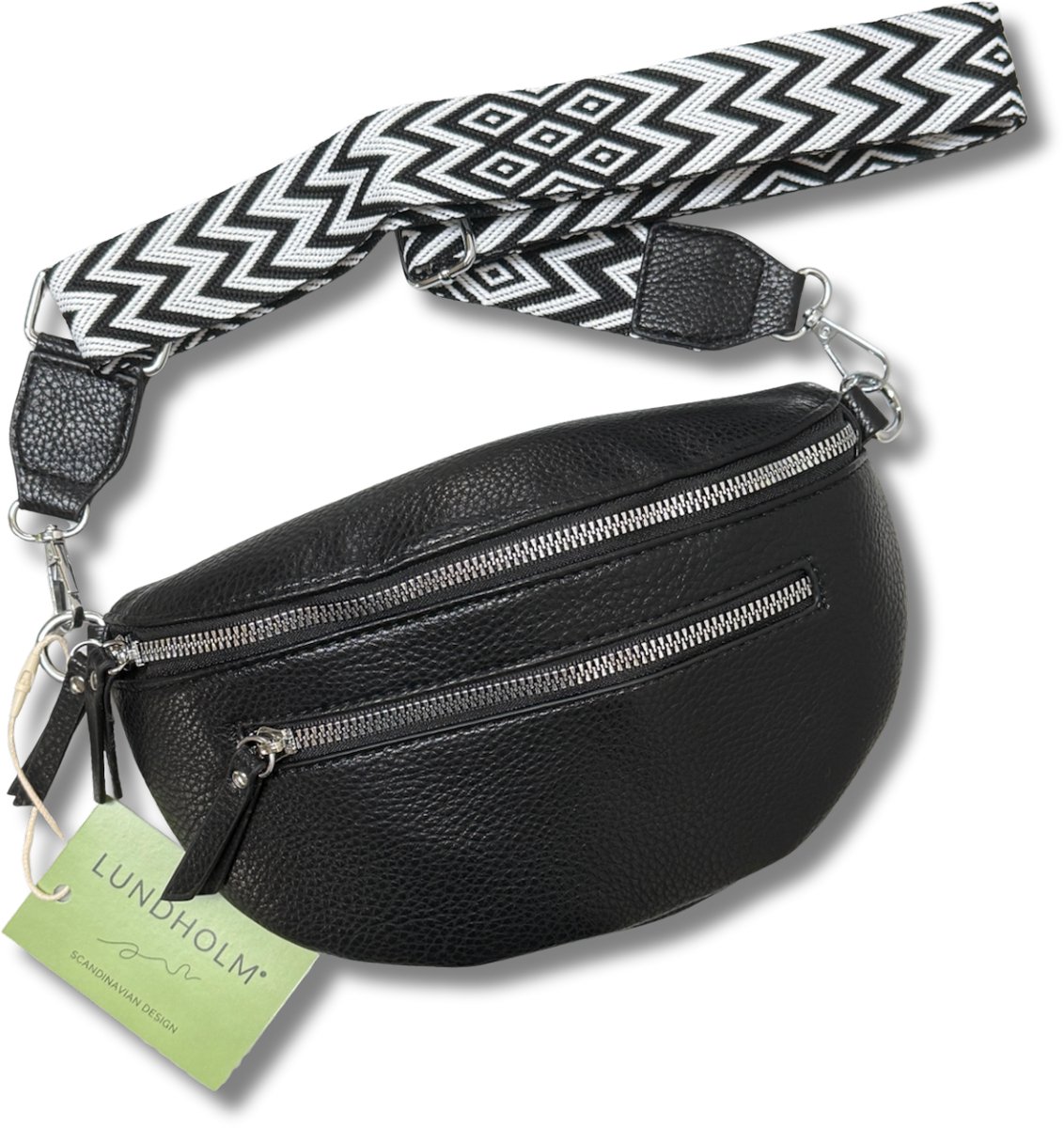 Lundholm heuptasje dames zwart met tassenriem bag strap wit zwart - heuptas dames met brede riem - crossbody tas dames cadeau voor vriendin | Gudvangen serie