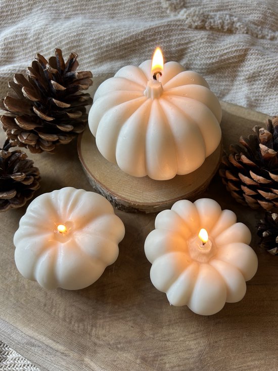 MinaCasa - Pompoen kaarsenset - Wit - 3 delig - Pumpkin - Herfst - Cadeauset vrouwen - Halloween - Winter