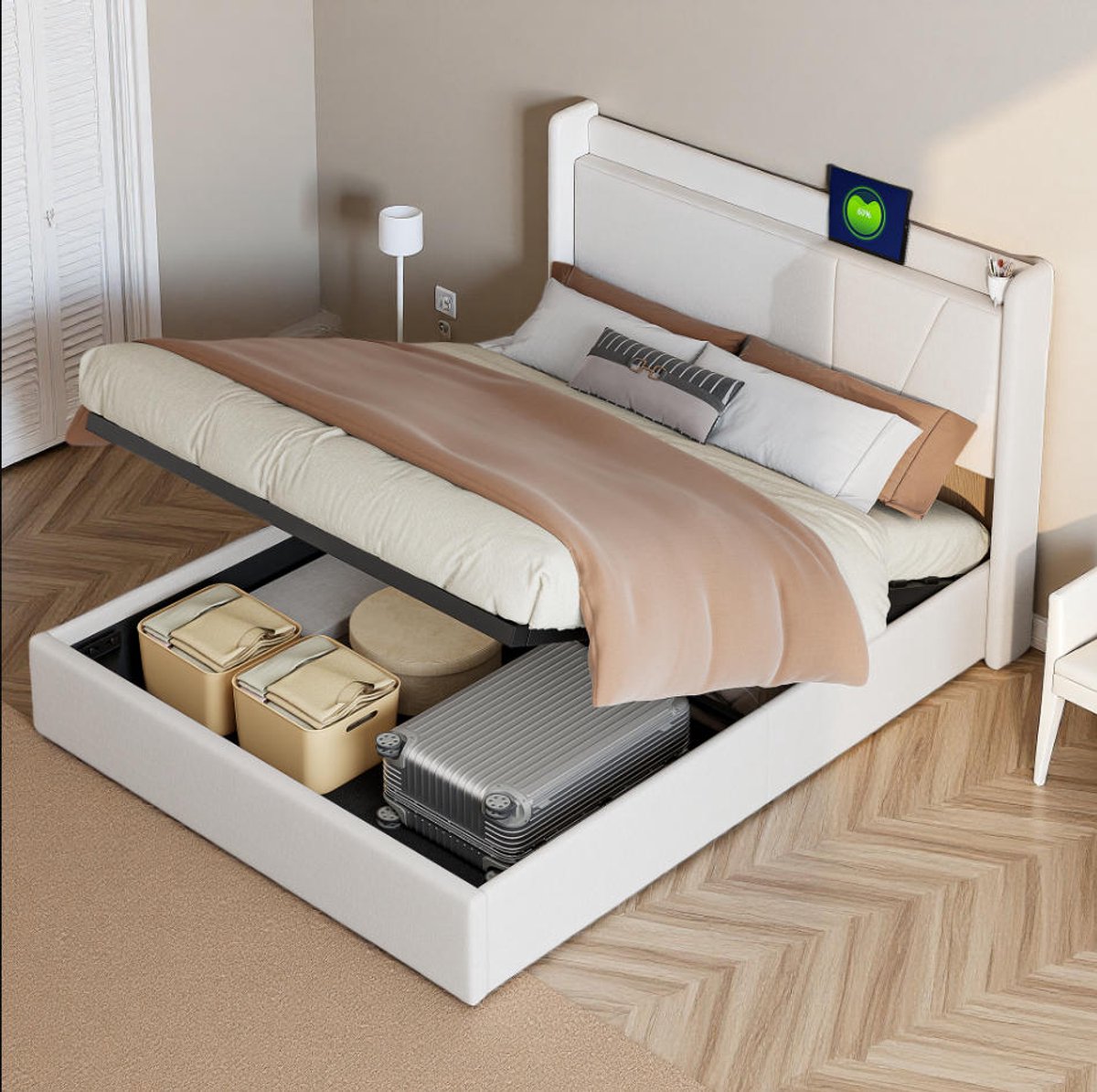 Opbergbed 160x200cm Tweepersoonsbed met USB-C en Lattenbodem, Hydraulisch Bed met Hoofdbordopslag, Linnen, Beige