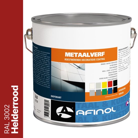 Blik metaalverf Helderrood (RAL 3002) met logo en kleurstalen. "Metaalverf Roestwerende decoratieve coating. Binnen/buiten, UV-bestendig, roestwerend, kras-, stoot- & slijtvast, weerbestendig, kleurbestendig, hoge dekkingsgraad."