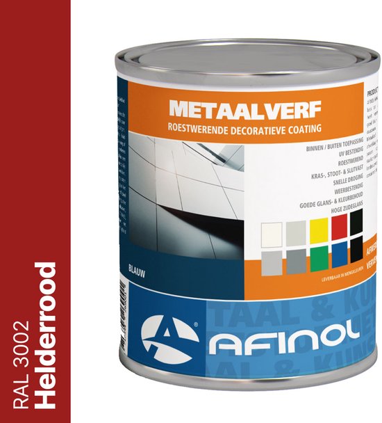 Blik metaalverf Afinol RAL 3002 Helderrood, glanzende decoratieve coating, roestwerend, in veel kleuren.