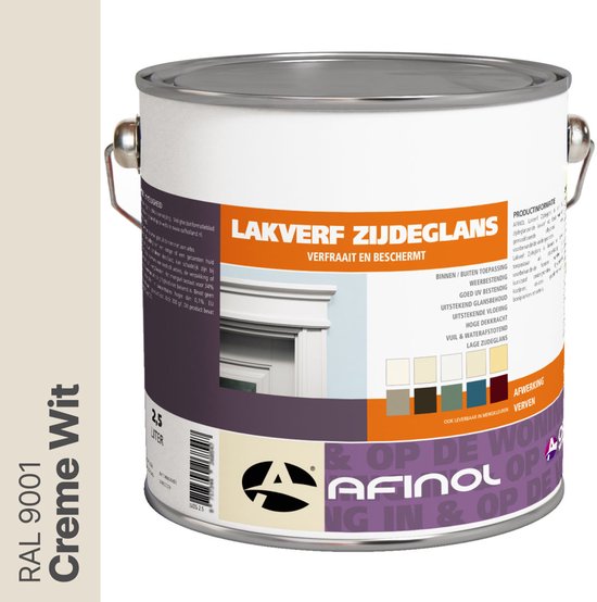 Blik Afinol lakverf zijdeglans, kleur Creme Wit (RAL 9001), 2.5 liter. Tekst op blik: "LAKVERF ZIJDEGLANS"