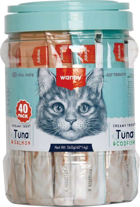 Wanpy voordeelpack met 40 stuks Creamy Treats. Tonijn & Kabeljauw en Tonijn & Zalm. Blauwe pot met kattenafbeelding.