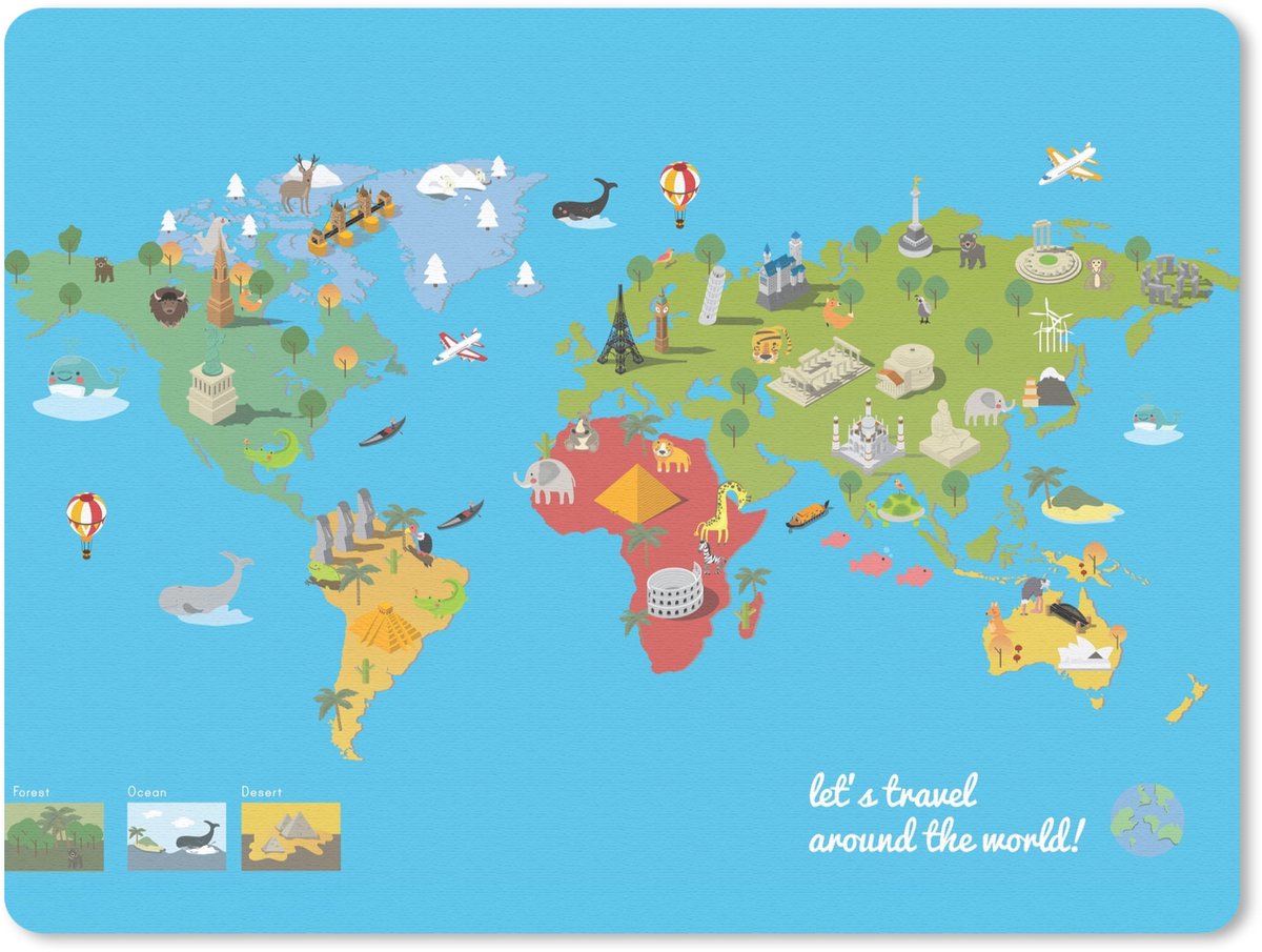 Muismat 23x19 cm - Mousepad Wereldkaart Kinderen - Modern - Symbolen - Muismatten