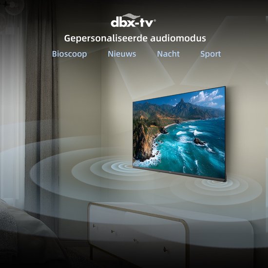 CHiQ TV met een kustlandschap op het scherm en geluidsgolven die "dbx-tv" en audiomodussen aangeven.