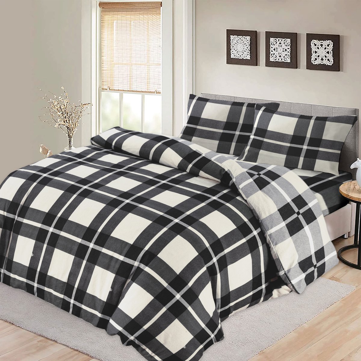 Bed Glow & Apparel – 2-Persoons Dekbedovertrekset 200x200 cm met 2 Kussenslopen 60x70 cm – 100% flannel– Zwarte Vrierkanten