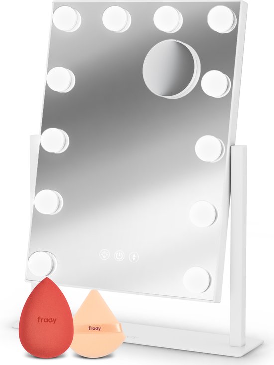 Fraay® Hollywood Spiegel met Verlichting 41x30cm - 3 Lichtstanden - Make Up Spiegel met 10x Vergrootspiegel - LED Verlichting Dimbaar - Incl. Beauty Blenders en Powder puff
