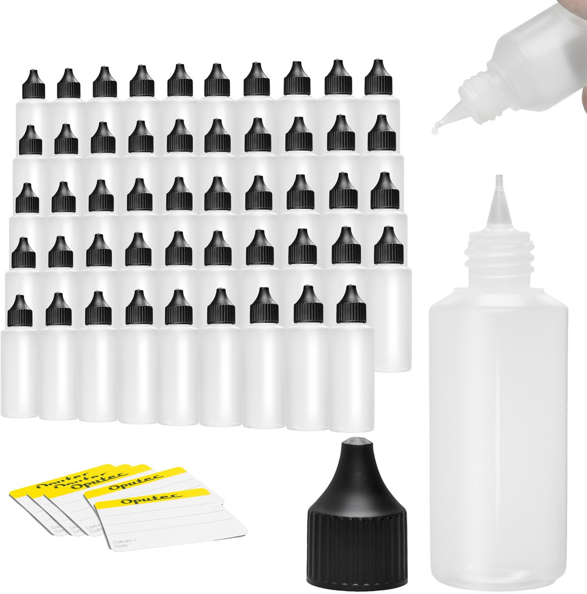 Oputec 50x 100 ml druppelflessen – PE doseerflessen – levensmiddelveilig + etiketten