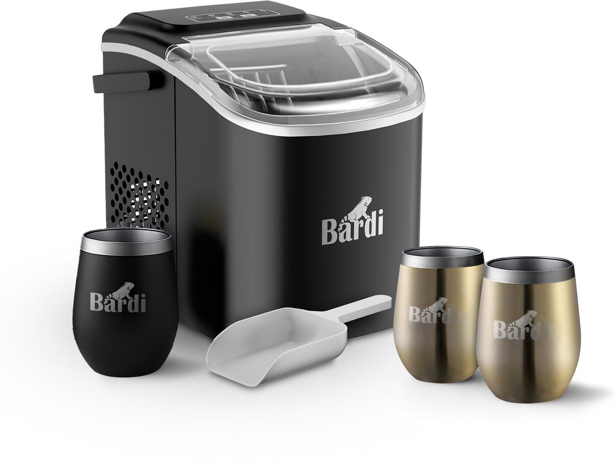Bardi Deluxe IJsblokjesmachine Set 1,2 Liter Zwart - 12KG IJsblokjes in 24 uur - met IJsschep - Inclusief 3 Luxe Thermosbekers en Ijsschep - Goud