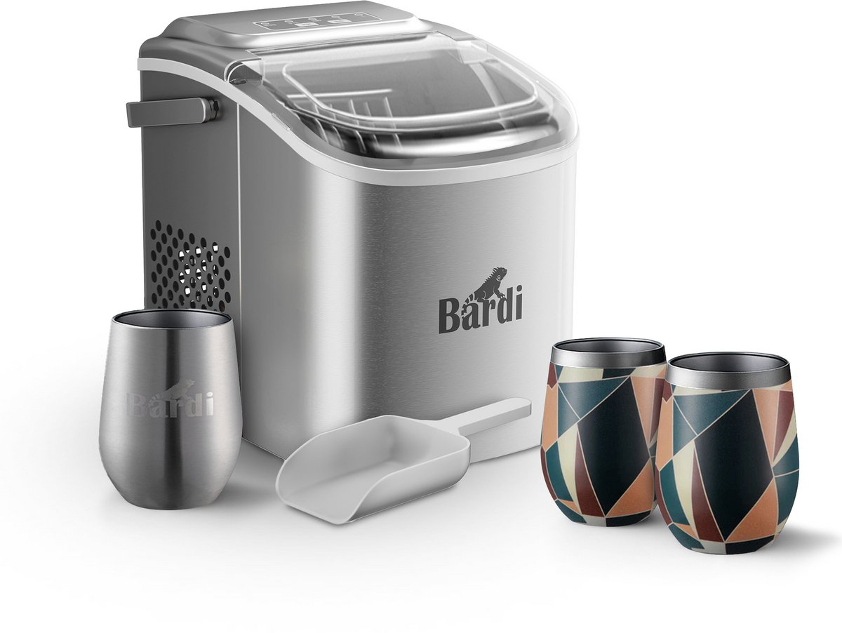 Bardi Deluxe IJsblokjesmachine Set 1,2 Liter RVS - 12KG IJsblokjes in 24 uur - met IJsschep - Inclusief 3 Luxe Thermosbekers en Ijsschep - Abstract Colours
