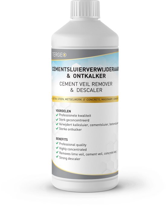 Tergeo #1 Cementsluier verwijderen en Ontkalker - 1L Concentraat - ULTRA STRONG - Antikalk Spray Badkamer - Ultieme Tegelreiniger - Witte vlekken gevel
