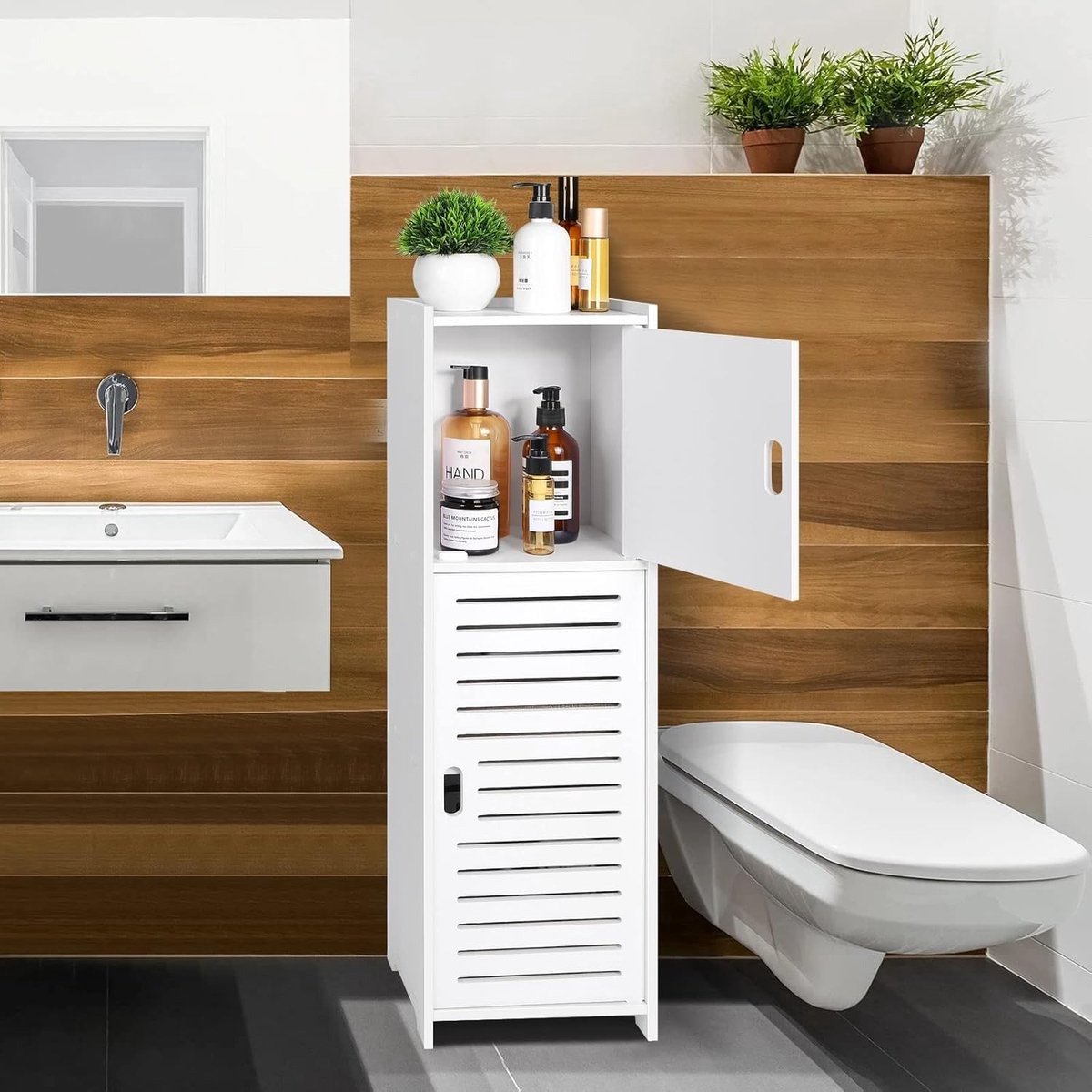 WNHB® Smalle Badkamerkast Wit - Hoge Kast met Deuren en Planken - Badkamer Opbergkast - Ruimtebesparend Design - Voor Kleine Badkamers