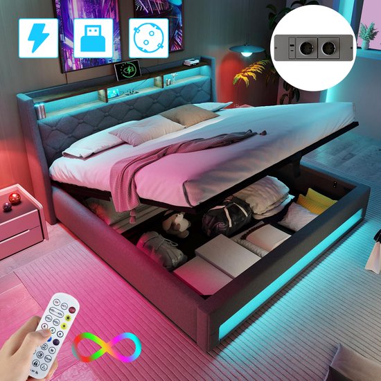 Lit capitonné, 160 x 200 cm, lit double avec Siècle des Lumières LED, cadre de lit avec Prises électriques et USB, grand espace de rangement sous le lit, Geen , Geen sommier, montage facile, Grijs