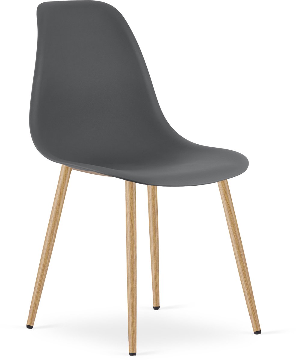 Stoel WAT – Donkergrijs, Houtlook Metalen Poten, Kunststof Zitting – Modern en Ergonomisch – Geschikt voor Eetkamer, Woonkamer, Keuken, Thuiswerkplek, Kantine en Wachtruimte – Eenvoudige Montage
