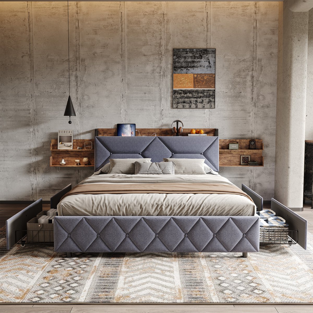 Tweepersoonsbed 140x200cm met USB/Type-C, 4 Lades en Comfort Rugleuning