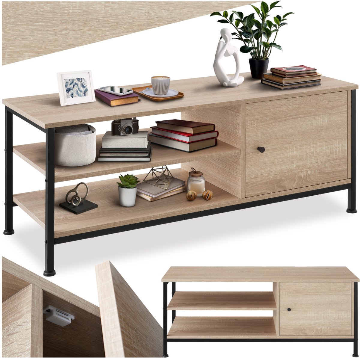Tectake TV-meubel met 2 open vakken en kastje met deur - Lowboard voor TV's tot 55 inch - Houten TV-dressoir - Industrieel design - Zwart metalen frame - Afmeting (LxBxH) 110 x 40 x 45,5 cm - Lichtbruin