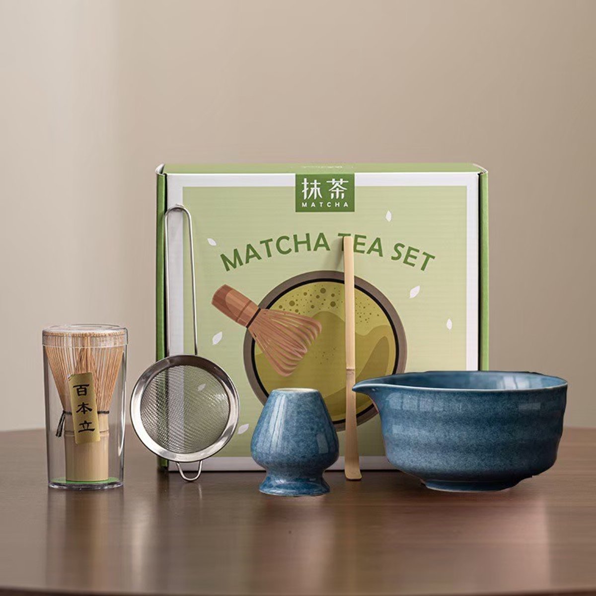 Matchaset 5-delig ‘Kyoto Blauw’ – Japanse theeset met chawan (kom), chasen, chashaku, houder & zeef – Keramiek – Luxe matcha cadeau