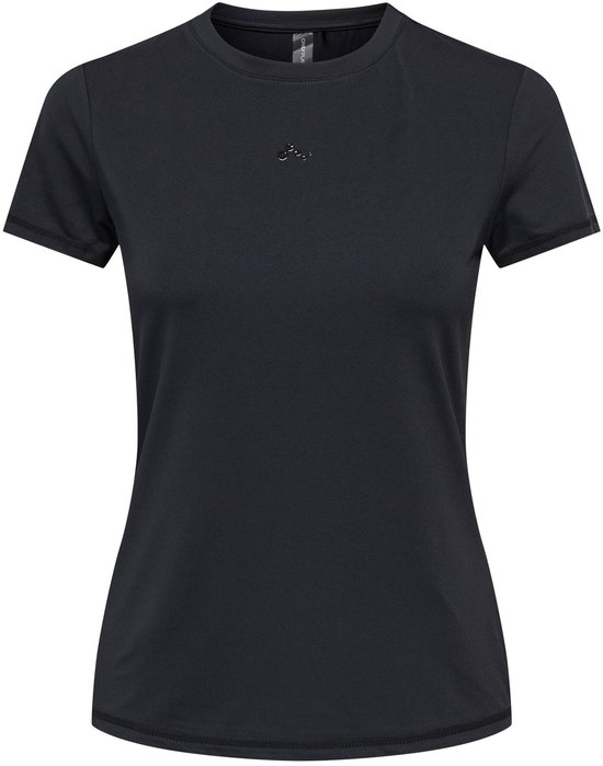 Zwart dames t-shirt met kleine logo-applicatie op de borst. Korte mouwen en ronde hals.