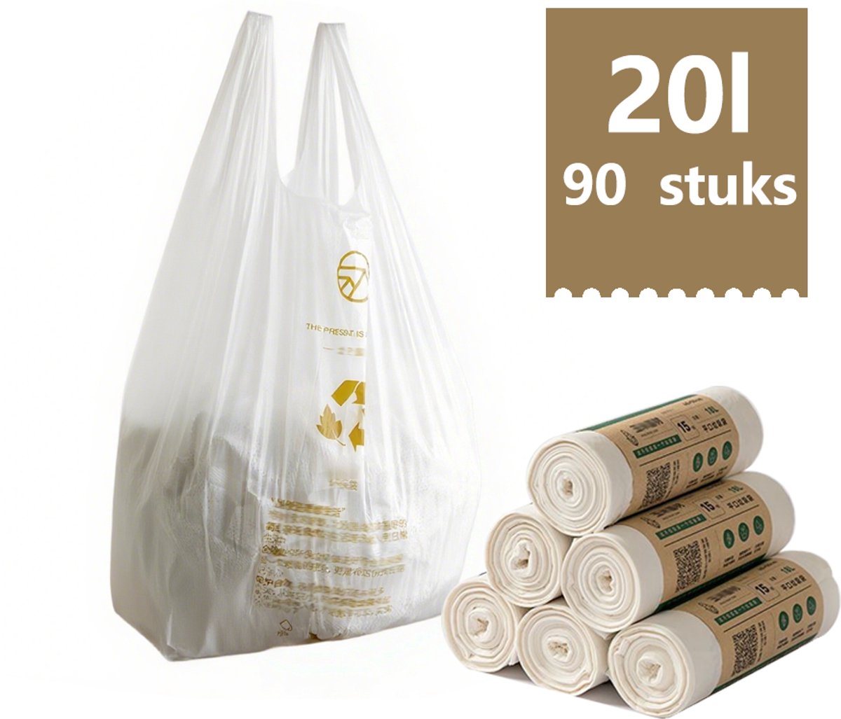 Opvouwbare Afvalzak - 90 Vuilniszakken - Dikgevulde Handtas-Stijl met Trekkoord - Melkwit- 20/25 l-Decomposable