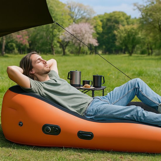 Best Active Automatisch Opblaasbare Bank - Draagbaar Camping Ligbed met Elektrische Pomp - 150KG Draagkracht - 172x86x42 cm - Comfortabel Outdoor Relaxbed - Luchtbed met ingebouwde Pomp - Oranje/Zwart van Merkloos — afbeelding 4