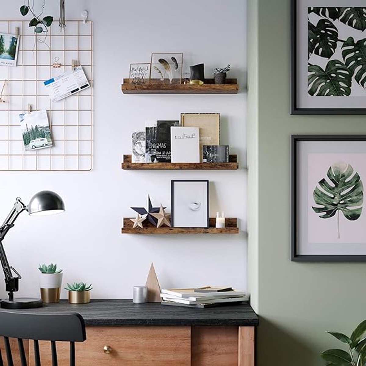 Famanu - Wandplanken, set van 3, zwevende planken, lengte 38 cm, verhoogde voorkant, voor decoratieve items, kruidenpotjes en fotolijsten, vintage bruin