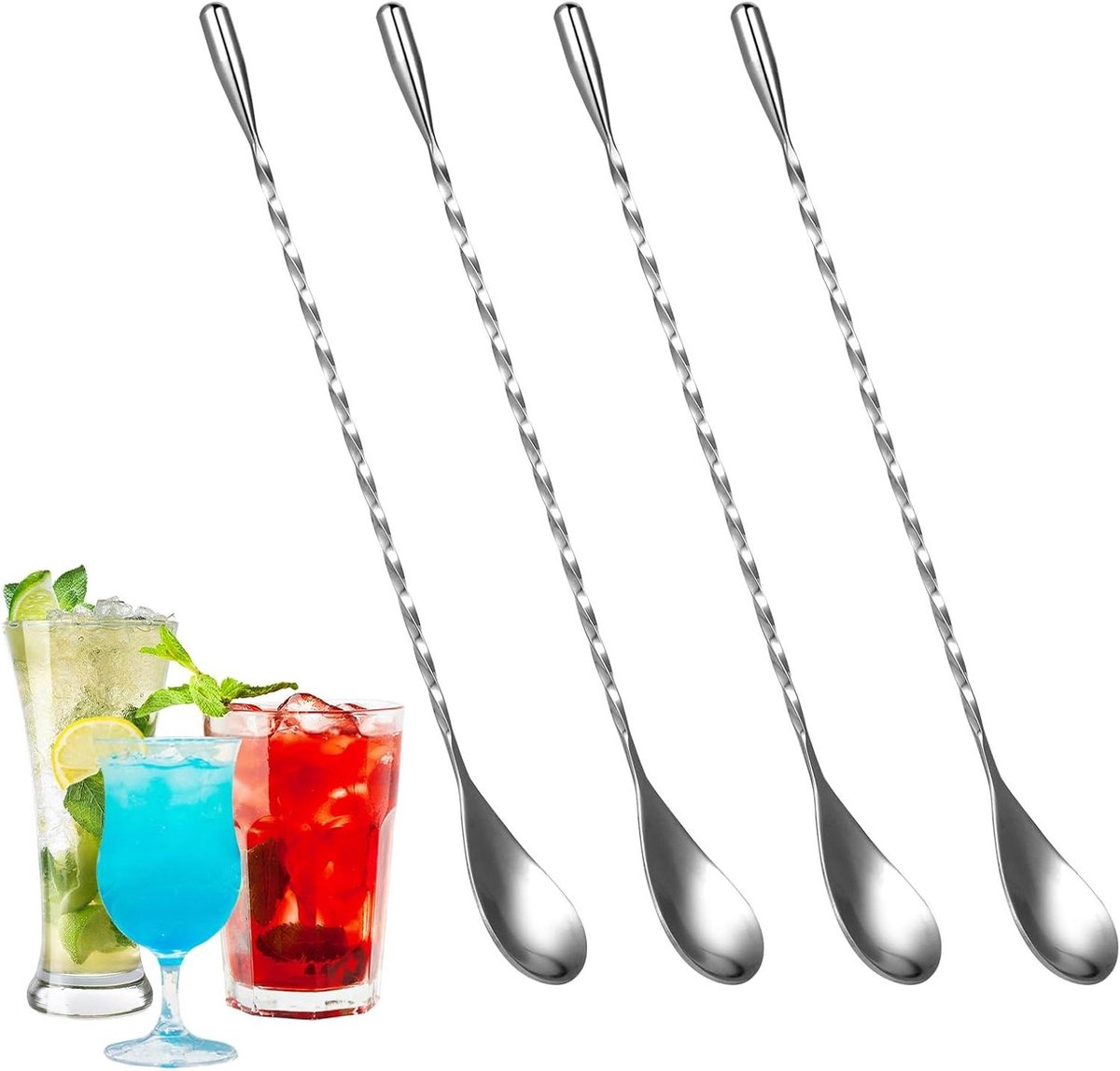 ByShane - Pack van 4 Roerlepels - Roerlepels voor Cocktails - RVS Roerlepel van 25 cm met Spiraalpatroon en Spiegelglans - Stijlvol Ontwerp voor Martinis, Cocktails en Koffiebereiding - Shakers Inbegrepen