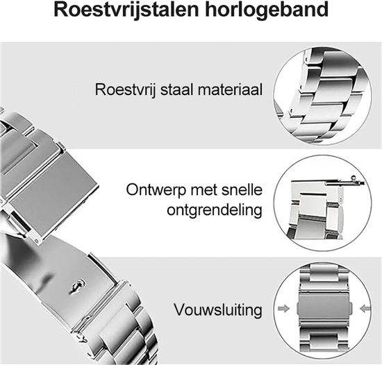Afbeeldingen van een roestvrijstalen horlogebandje met snelsluiting en vouwsluiting.