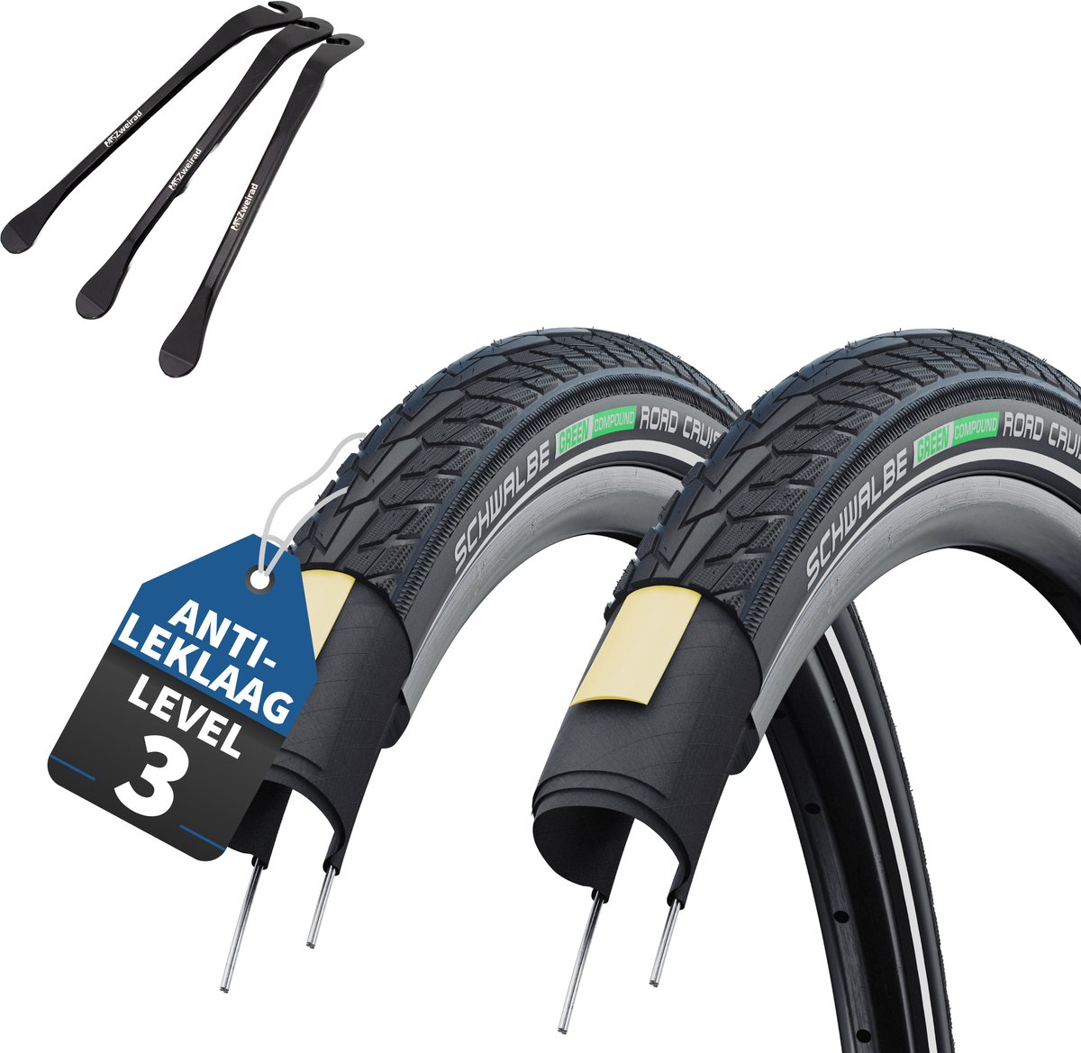 2-delige set Schwalbe Road Cruiser fietsbanden zwart met reflectie 28x1.40 inch buitenband (37-622) – Optioneel met binnenband & 3x MSZweirad bandenlichters