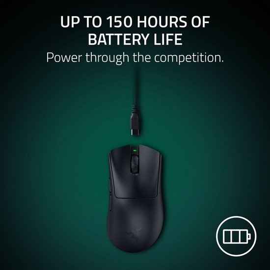 Zwarte Razer gaming muis met groene LED indicator, aangesloten via USB-C kabel.