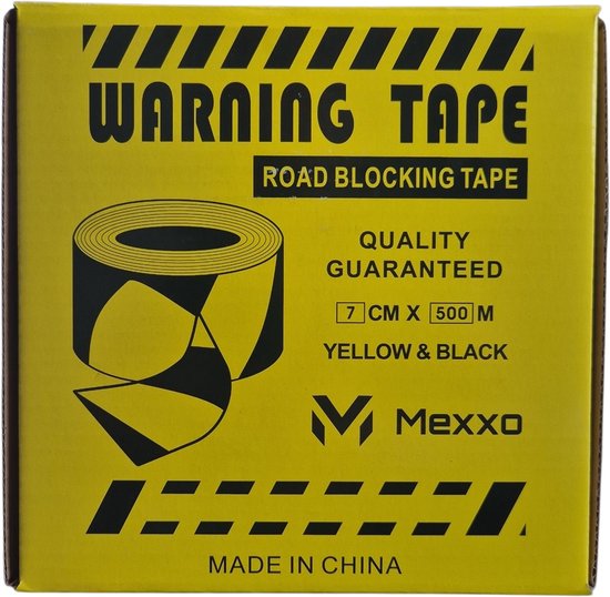 Doosje met gele en zwarte afzetlint, met de tekst "WARNING TAPE ROAD BLOCKING TAPE QUALITY GUARANTEED 7 CM X 500 M YELLOW & BLACK Mexxo MADE IN CHINA".