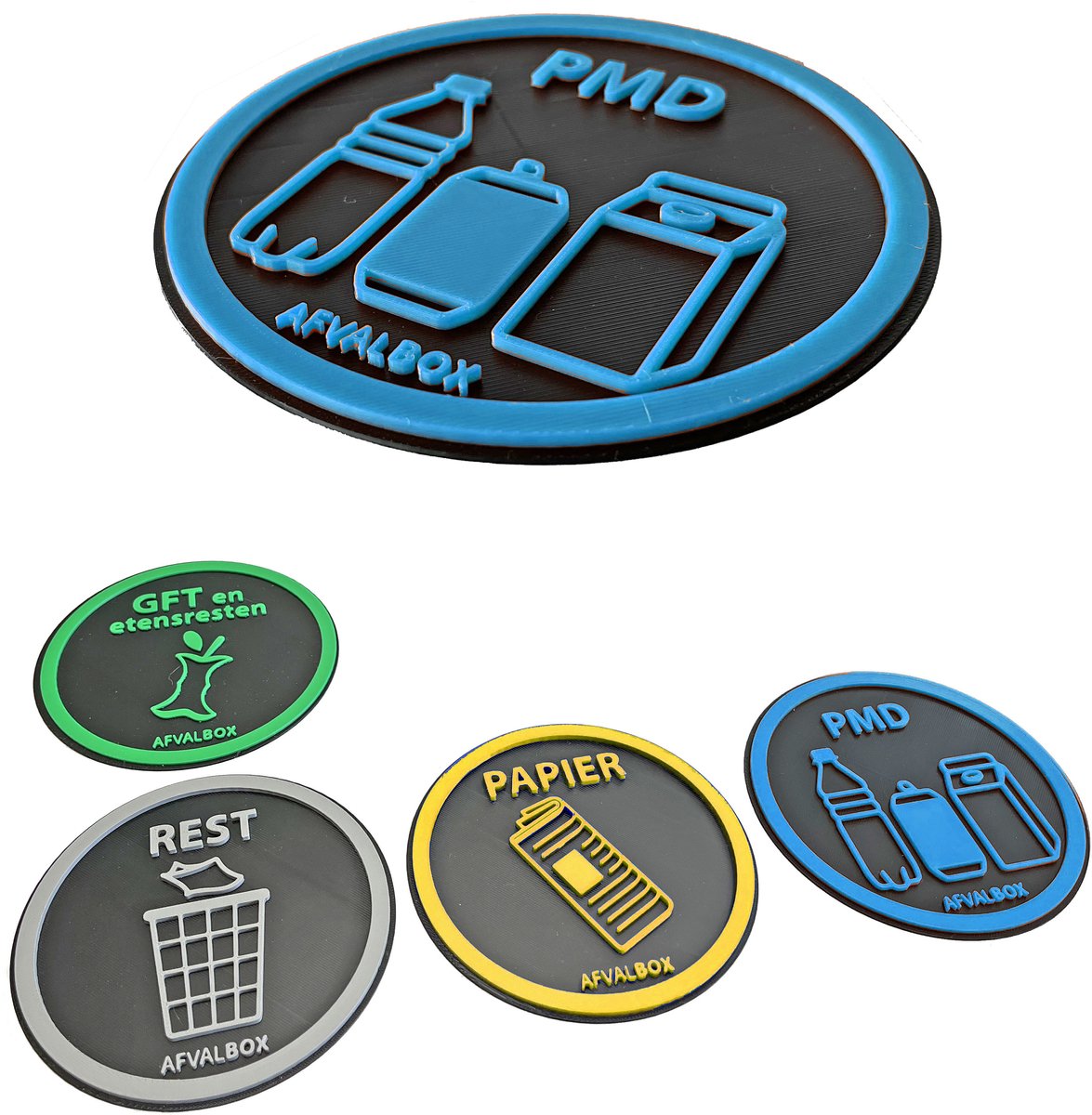 Afvalsticker Set – 4x Bordje Rest / Papier / PMD / GFT – 3D Opdruk – Duurzaam Kunststof – Ø12 cm – Met Tape – 3 mm Dik