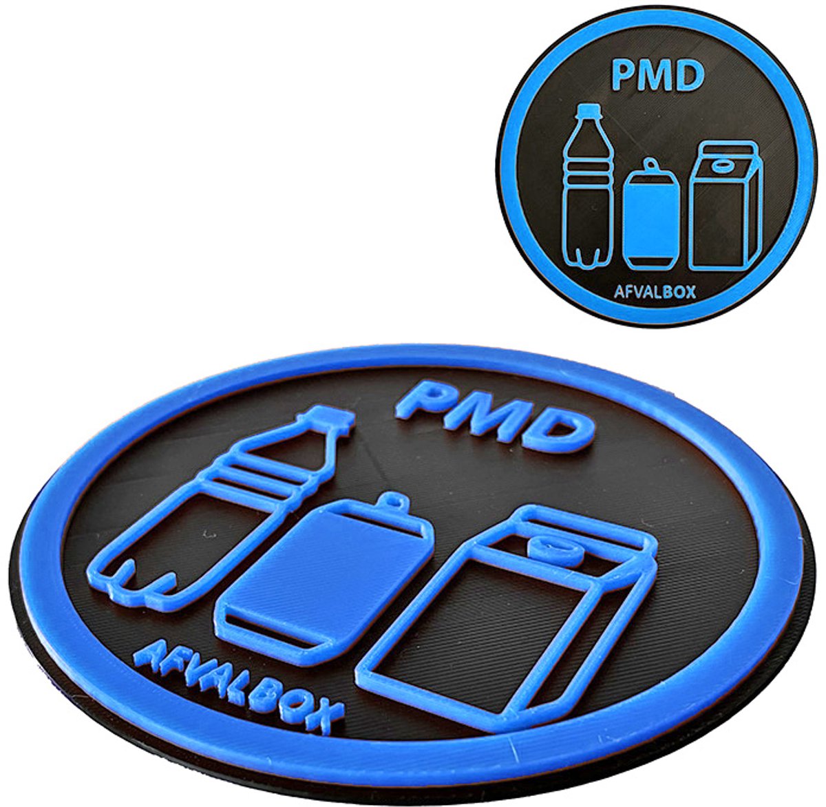 Afvalsticker PMD – 3D Opdruk – Duurzaam Kunststof Bordje – Met tape – Ø12 cm – 3 mm Dik