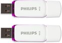 Twee witte Philips 64GB USB-sticks met paarse accenten, één met connector zichtbaar.