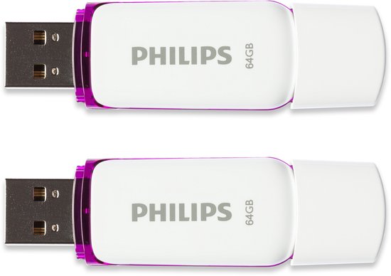 Twee witte Philips 64GB USB-sticks met paarse accenten, één met connector zichtbaar.