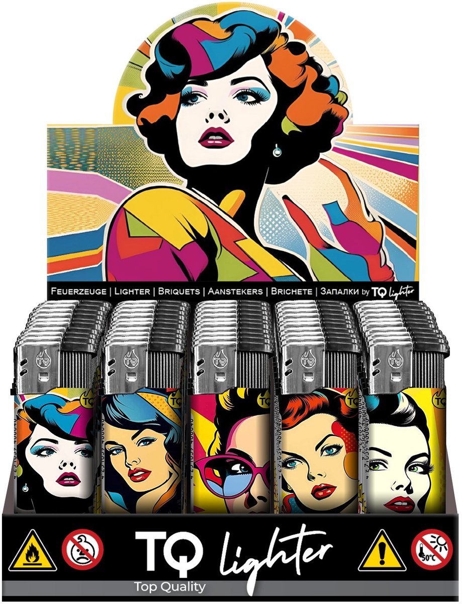 Elektronische aansteker hervulbaar - Design POP ART WOMAN - Display 50 stuks - wegwerpaansteker - electronic lighter - klik aanstekers