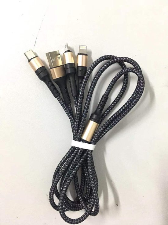 appel Luxe Bezienswaardigheden bekijken Gevlochten USB-kabel met 3 soorten connectoren - Micro USB, Type C en  Apple... | bol.com