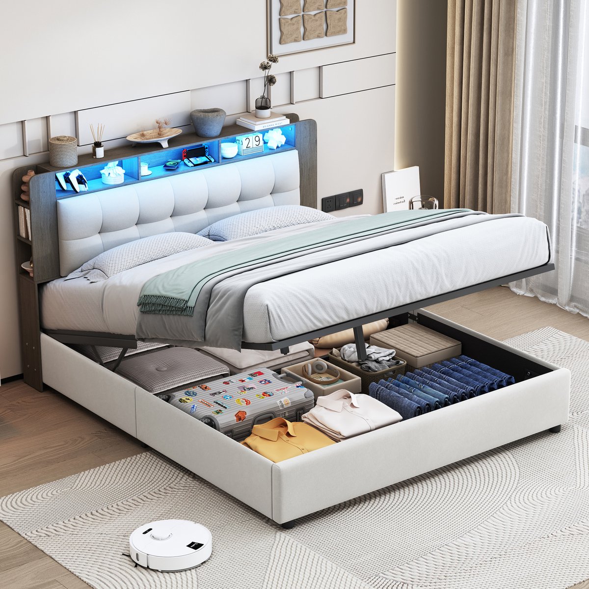 Gestoffeerd Bed 140x200 cm met LED en USB, Hydraulisch Dubbel Opbergbed met Lattenbodem en Hoofdbord, Bedframe voor Volwassenen, zonder Matras, Beige Fluweel